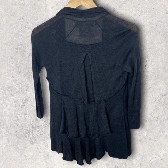 Anthropologie Linen Ruffle Back Tiered Open Cardigan Navy Blue Size XS Boho Knit - Picture 4 of 11